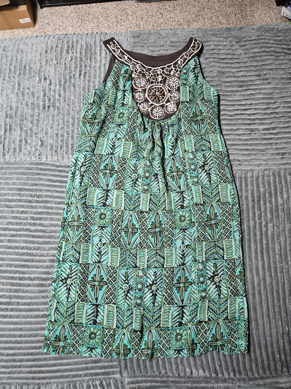 dressbarn Green and Brown Embroidered Sleeveless Dress